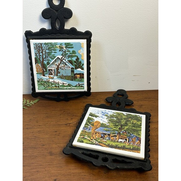 VTG Currier & Ives Cast Iron Trivets 1970s Autumn Cider Making & Old Homestead - Picture 1 of 10